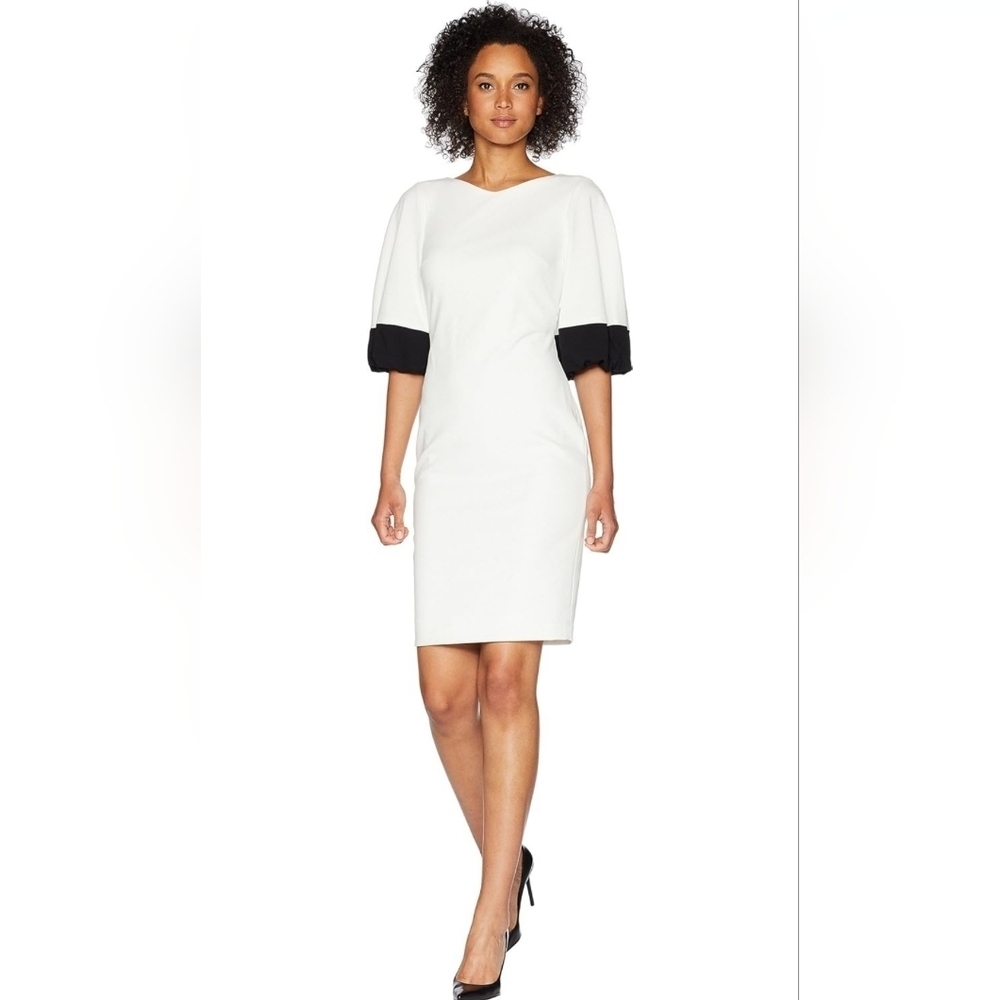 Calvin Klein Women's Sheath Dress White And Black 1/2 Sleeve Size 10 NWT - Picture 1 of 11